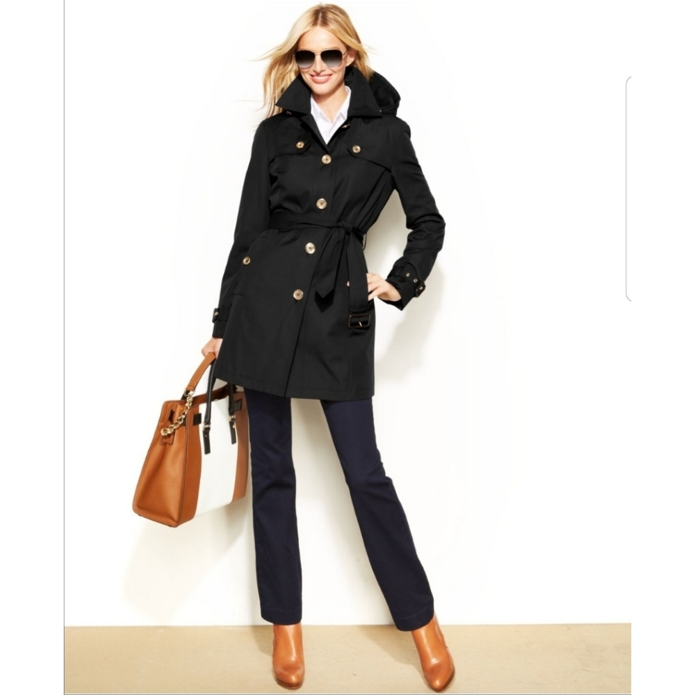 Michael Kors Black Trench Raincoat Hood Belt XS - Picture 1 of 8